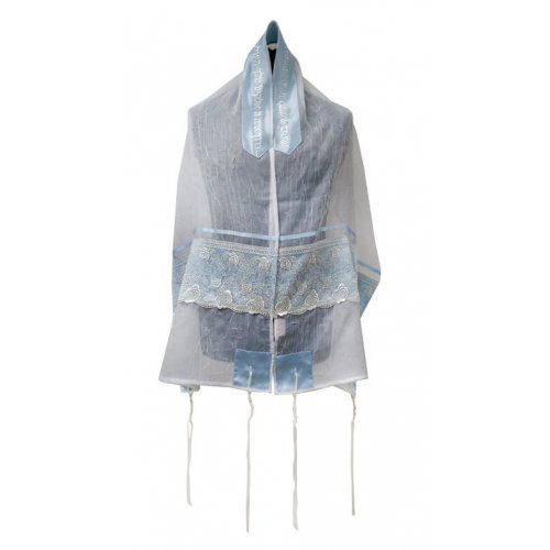 Tallit Prayer Shawl Set, Organza with Blue Floral Lace Decoration - Ronit Gur