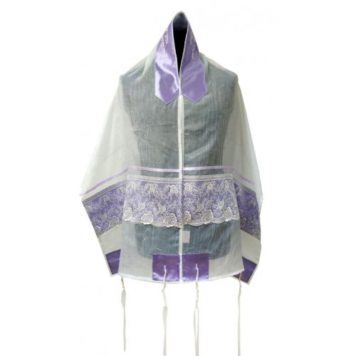 Tallit Prayer Shawl Set, Violet Floral Lace Decoration on White Organza - Ronit Gur