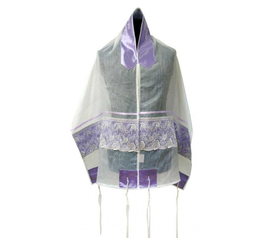 Tallit Prayer Shawl Set, Violet Floral Lace Decoration on White Organza - Ronit Gur