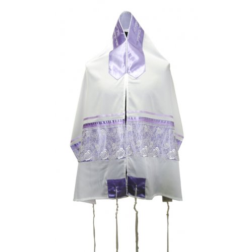 Tallit Prayer Shawl Set with Purple Floral Band Decoration, Viscose - Ronit Gur