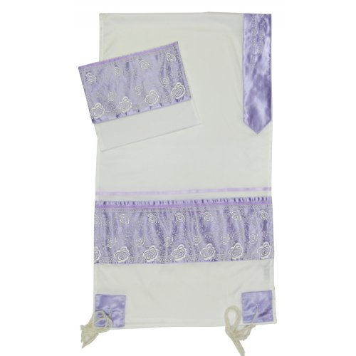 Tallit Prayer Shawl Set with Purple Floral Band Decoration, Viscose - Ronit Gur