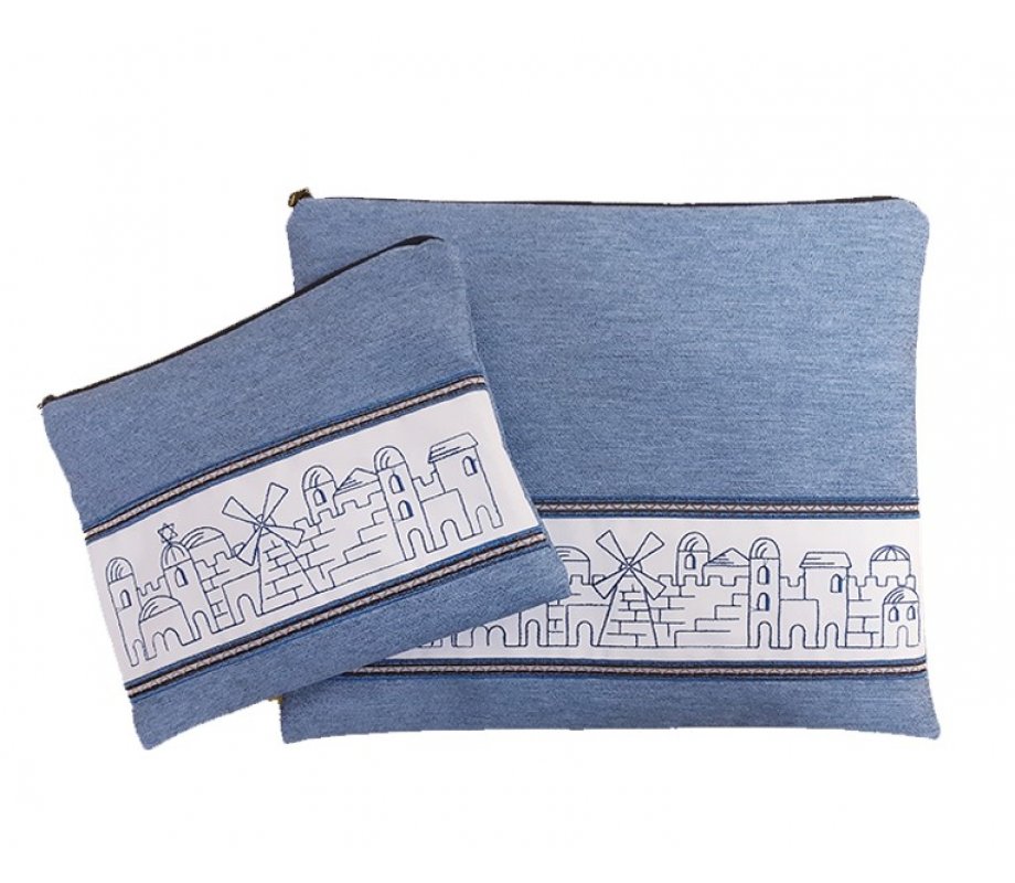 Tallit and Tefillin Bag Set, Blue Embroidered Jerusalem Design - Ronit Gur