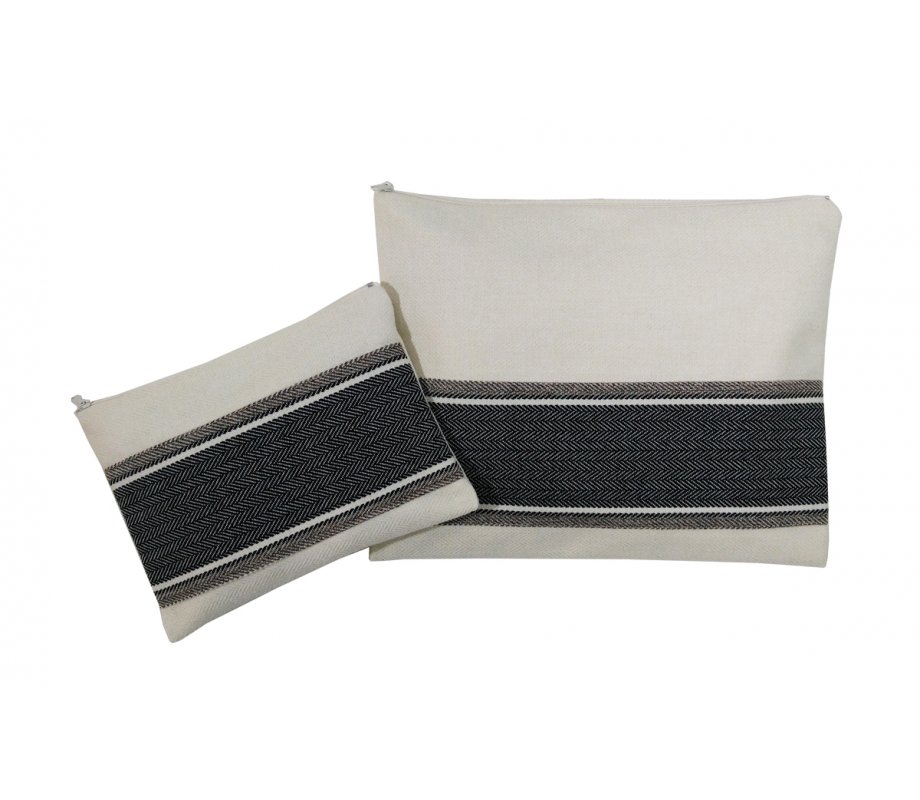 Tallit and Tefillin Bag Set, Gray Herringbone Stitch on Off-White - Ronit Gur