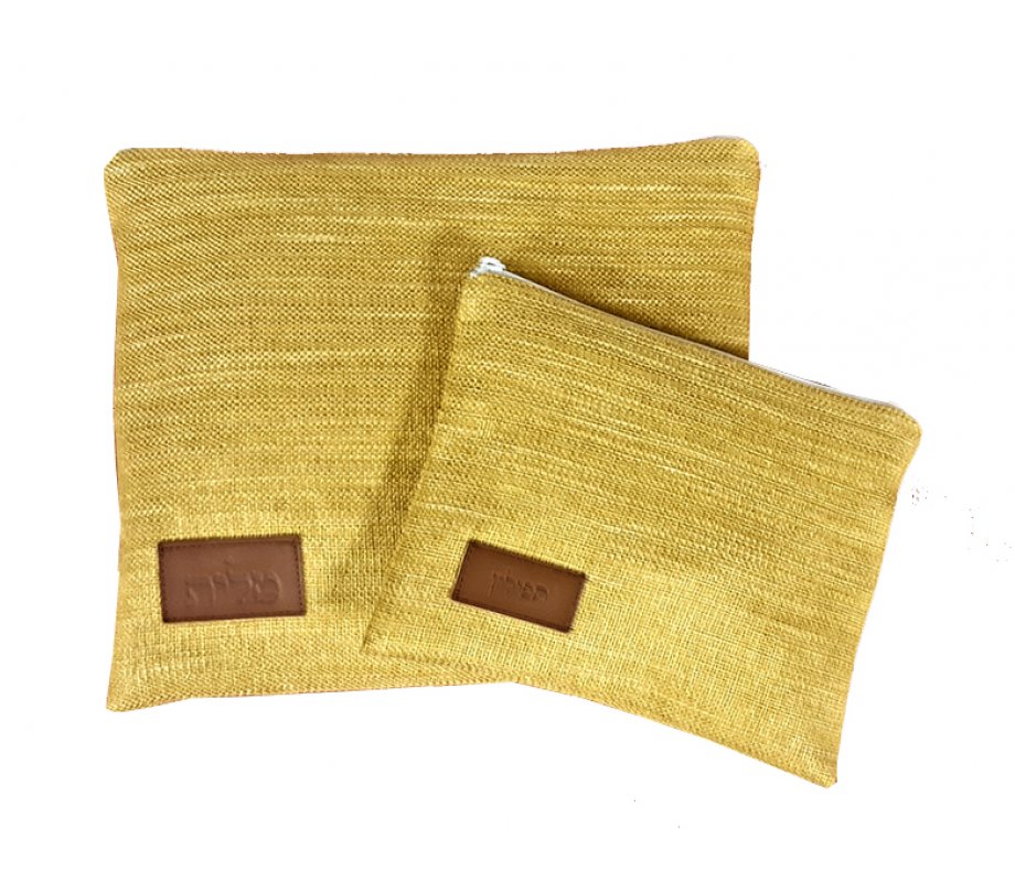 Tallit and Tefillin Bag in Woven Fabric with Leather Tag, Golden Yellow – Ronit Gur