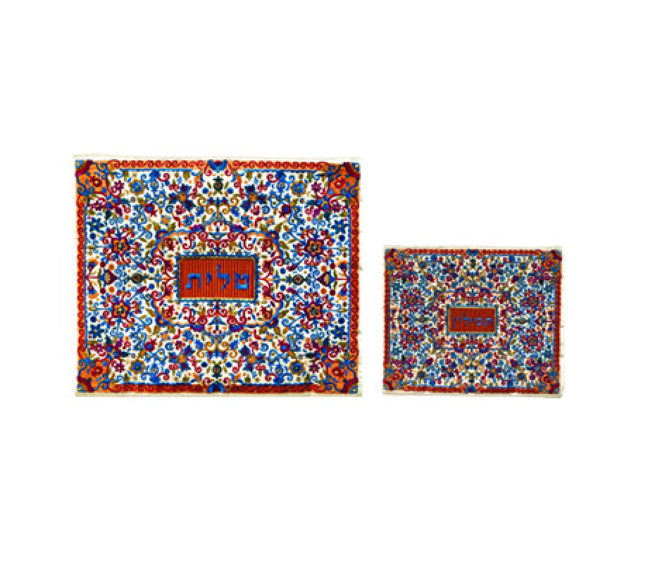 Tallit and Tefillin Bag with Full Embroidery, Colorful Flowers - Yair Emanuel