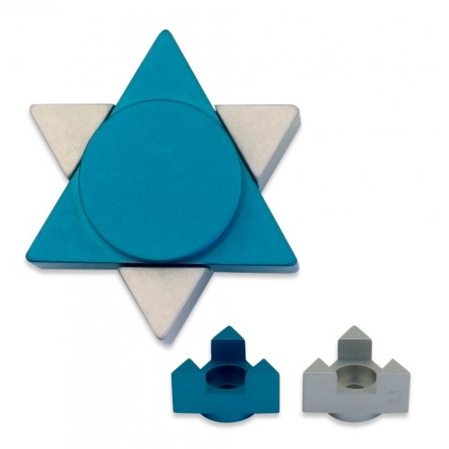 Teal Anodized Aluminum Travel Shabbat Candlesticks, Star Of David - Avner Agayof