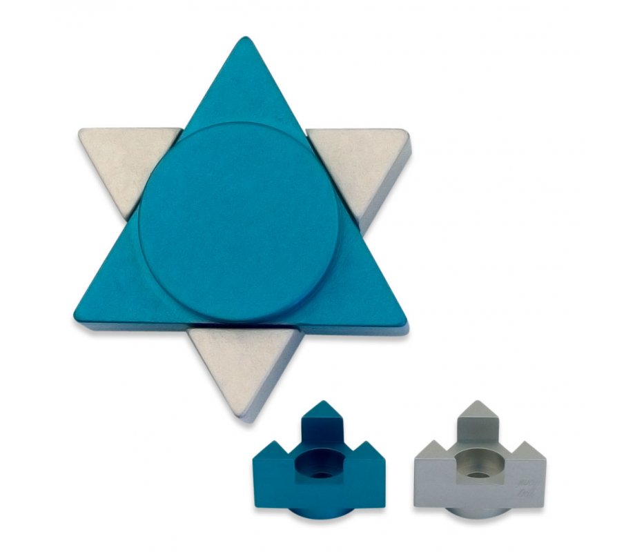 Teal Anodized Aluminum Travel Shabbat Candlesticks, Star Of David - Avner Agayof