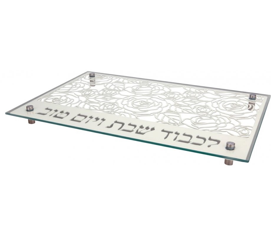 Tempered Glass Challah Board, Gray Rose - Dorit Judaica