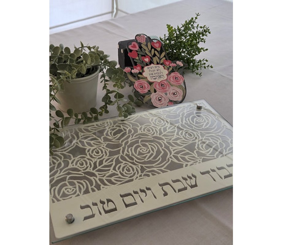 Tempered Glass Challah Board, Gray Rose - Dorit Judaica