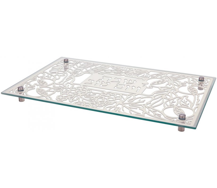Tempered Glass Challah/Candlestick Tray, 7 Species of Israel Design - Dorit Judaica