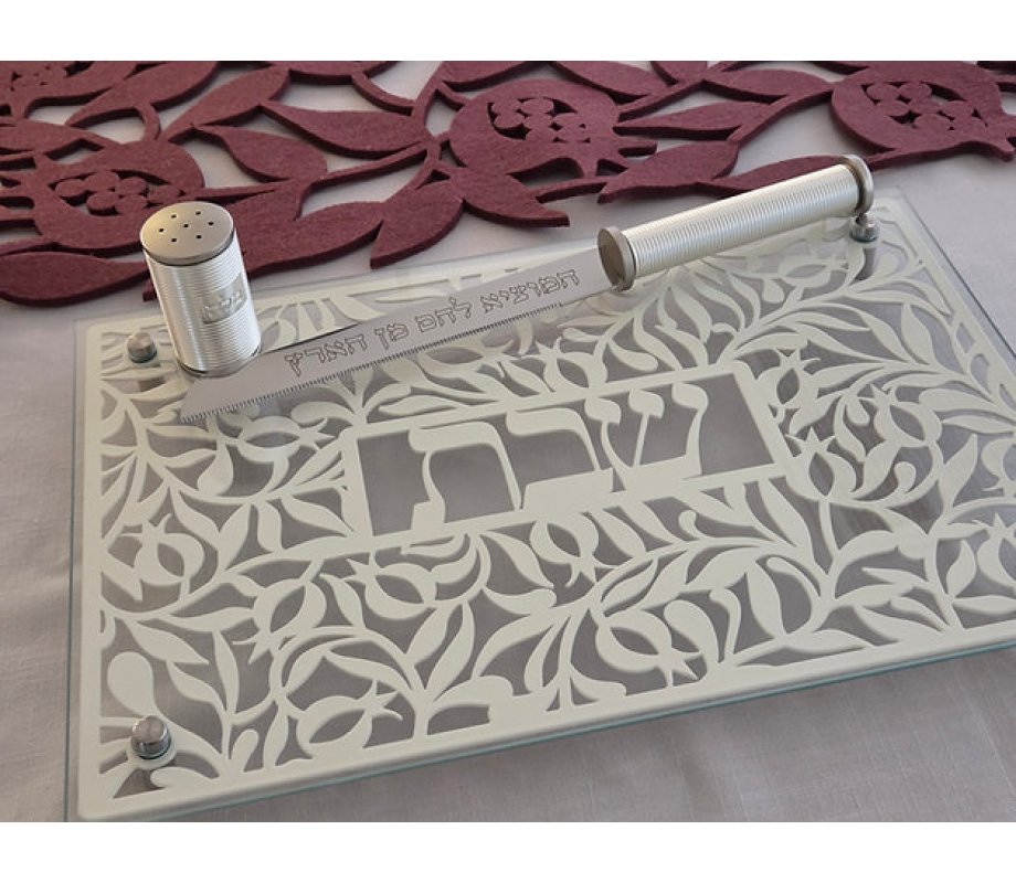 Tempered Glass Challah/Candlestick Tray, Pomegranate Design - Dorit Judaica