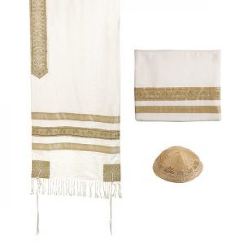 Three-Piece Tallit Set with Decorative Embroidered Gold Stripes - Yair Emanuel