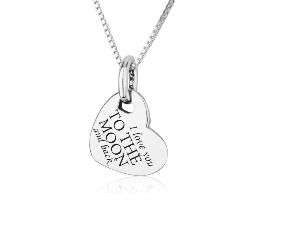 Tilted Heart Pendant Necklace, I Love You to the Moon and Back - Sterling Silver