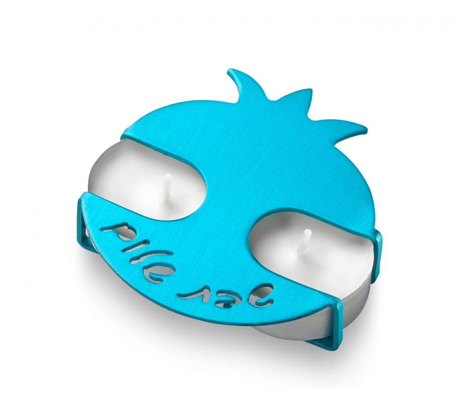 Travel Shabbat Candlesticks Pomegranate Design, Turquoise - Adi Sidler