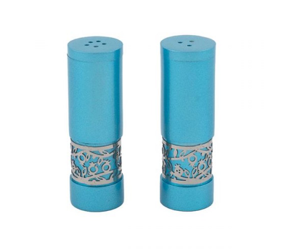 Turquoise Aluminum Salt and Pepper Set, Ornate Pomegranate Band - Yair Emanuel