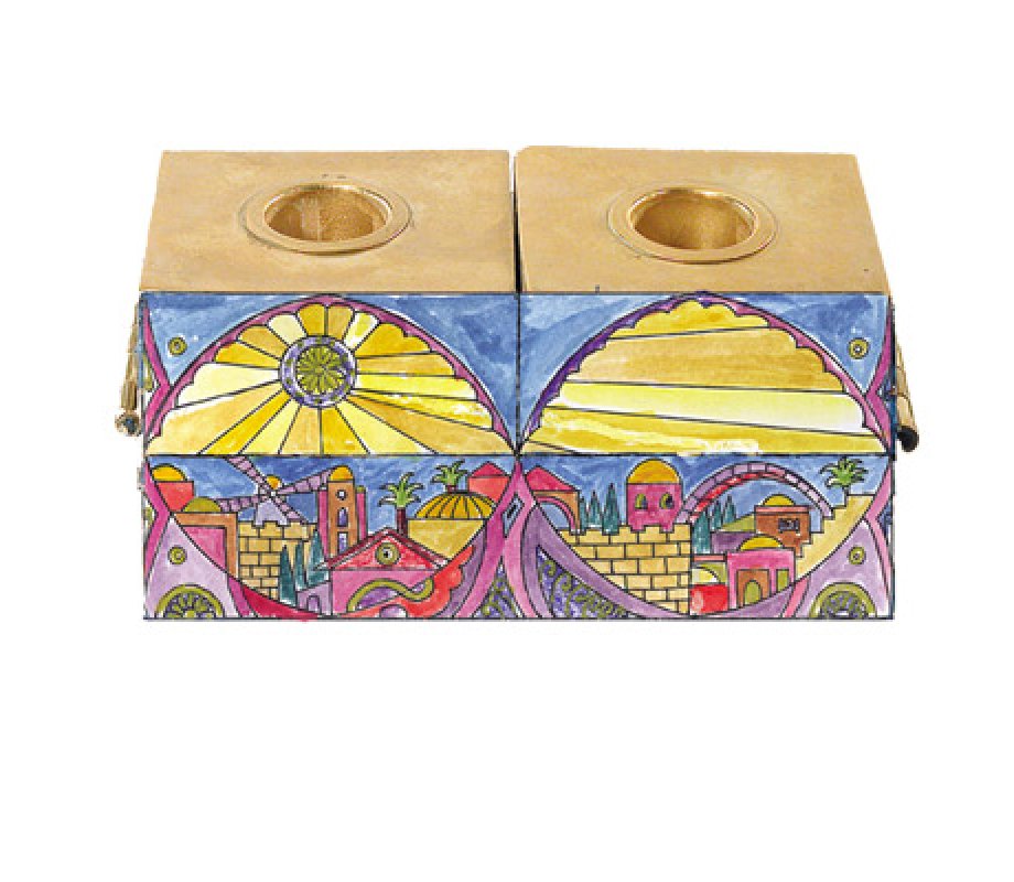 Two-In-One Menorah & Shabbat Candlesticks, Golden Jerusalem by Yair Emanuel
