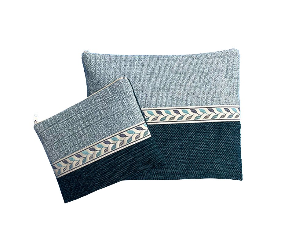Two-Tone Woven Fabric Tallit and Tefillin Bag with Leaf Design, Blue – Ronit Gur