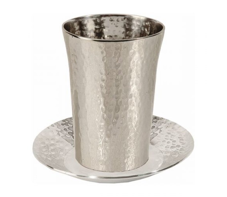 Unadorned Kiddush Cup and Plate, Hammered Nickel - Yair Emanuel