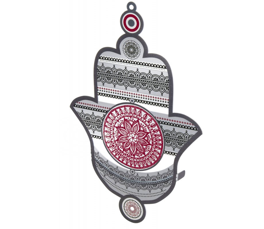 Wall Hamsa with Red and Gray Mandala Design - Dorit Judaica