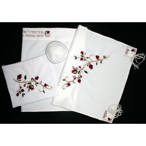 White Matriarchs Tallit Set with Red Pomegranates by Ronit Gur