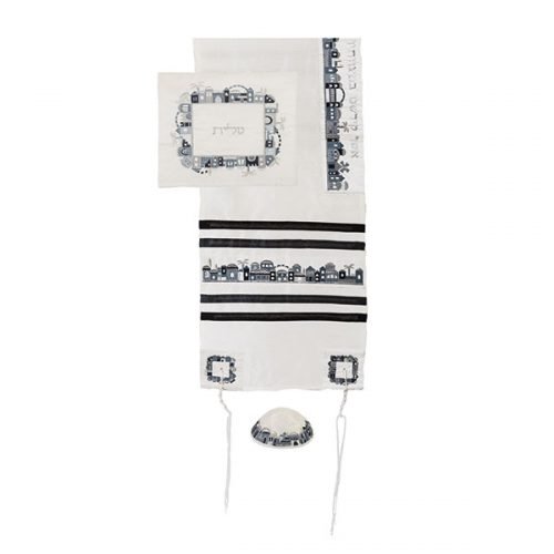 White Polysilk Tallit Set Black-Gray Embroidered Jerusalem Design - Yair Emanuel