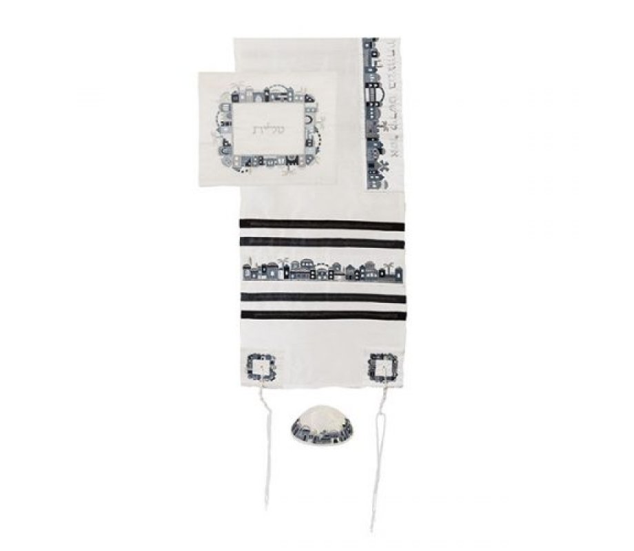 White Polysilk Tallit Set Black-Gray Embroidered Jerusalem Design - Yair Emanuel