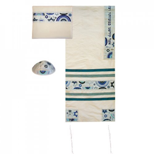 White Polysilk Tallit Set Blue Embroidered Star of David & Menorah - Yair Emanuel