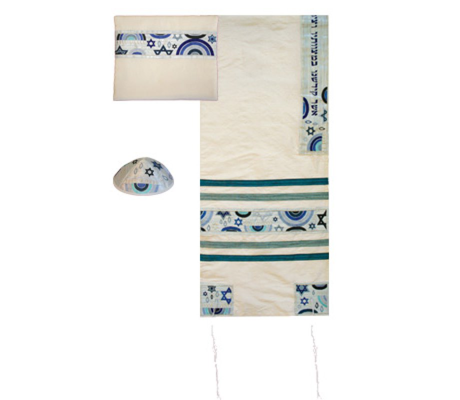 White Polysilk Tallit Set Blue Embroidered Star of David & Menorah - Yair Emanuel