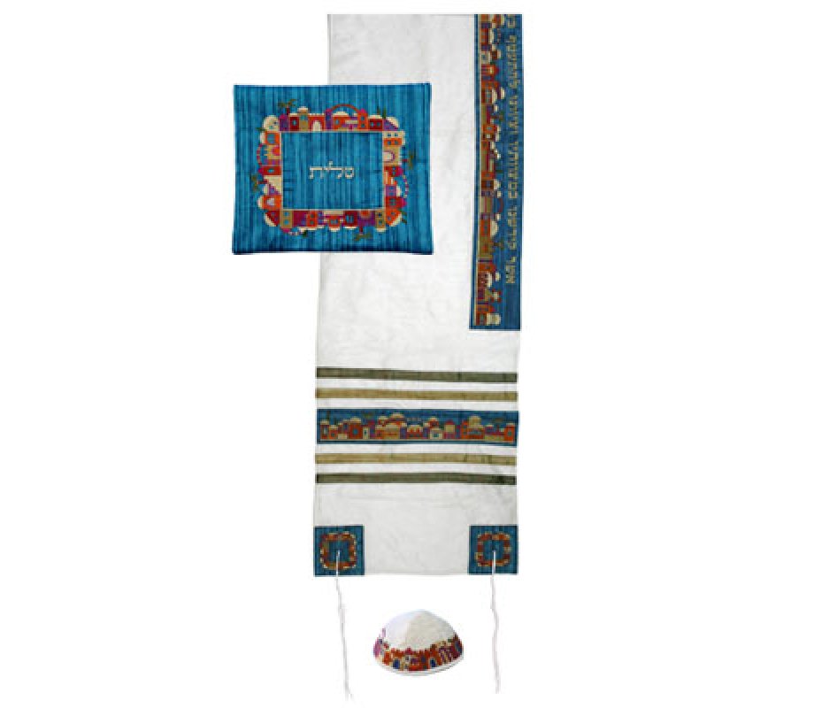 White Polysilk Tallit Set Colorful Embroidered Jerusalem Design - Yair Emanuel