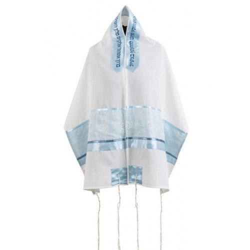 White Tallit Set with Pastel Blue Floral Design by Ronit Gur