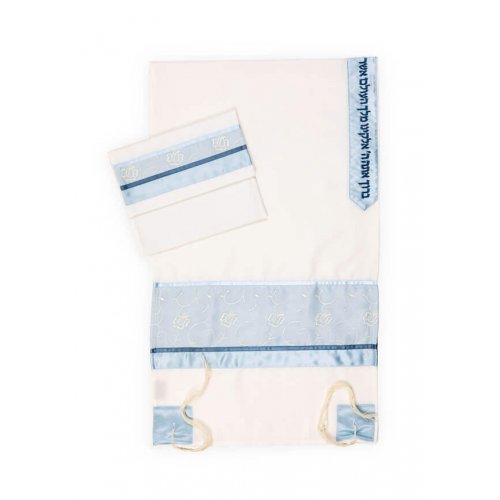 White Tallit Set with Pastel Blue Floral Design by Ronit Gur