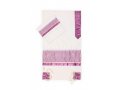 White Tallit Set with Pink Flowers by Ronit Gur