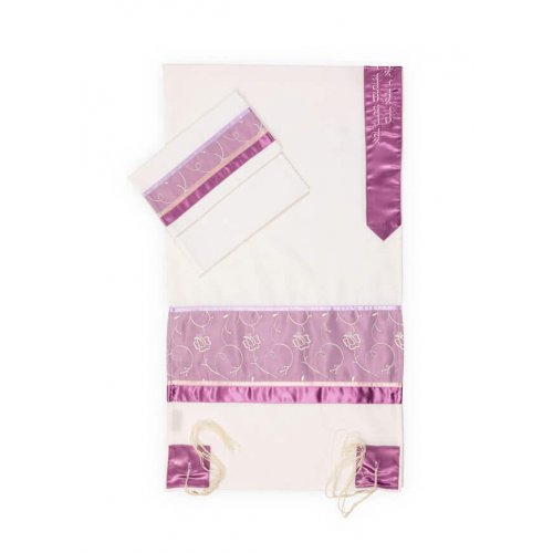 White Tallit Set with Pink Flowers by Ronit Gur