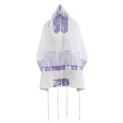 White Tallit Set with Purple Flowers by Ronit Gur