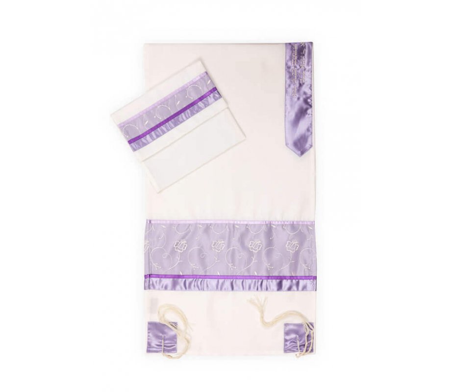 White Tallit Set with Purple Flowers by Ronit Gur