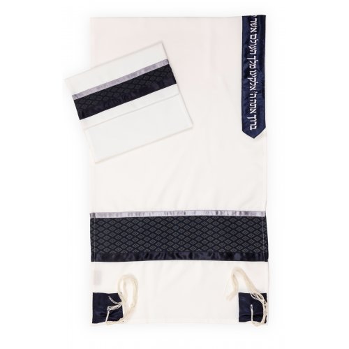 White Tallit Set with Silver Diamond on Blue Stripes -Ronit Gur