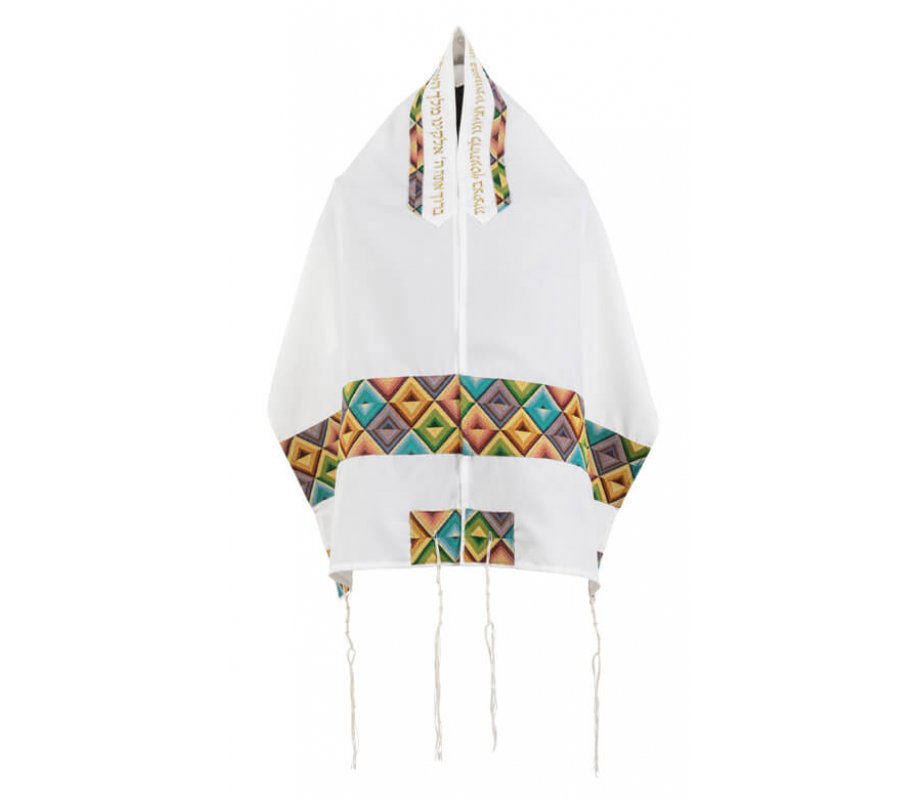 White Tallit Set with a Lively Geometric Design - Ronit Gur