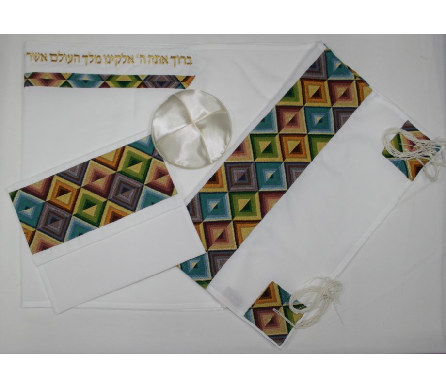 White Tallit Set with a Lively Geometric Design - Ronit Gur