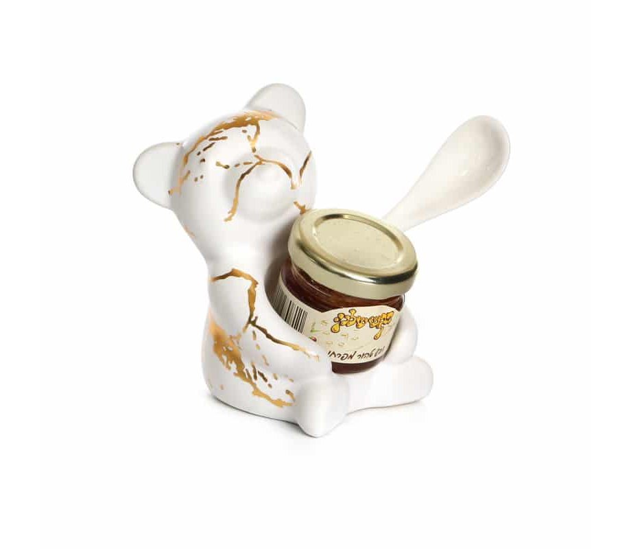 White and Gold Ceramic Bear Honey Dish for Rosh Hashanah