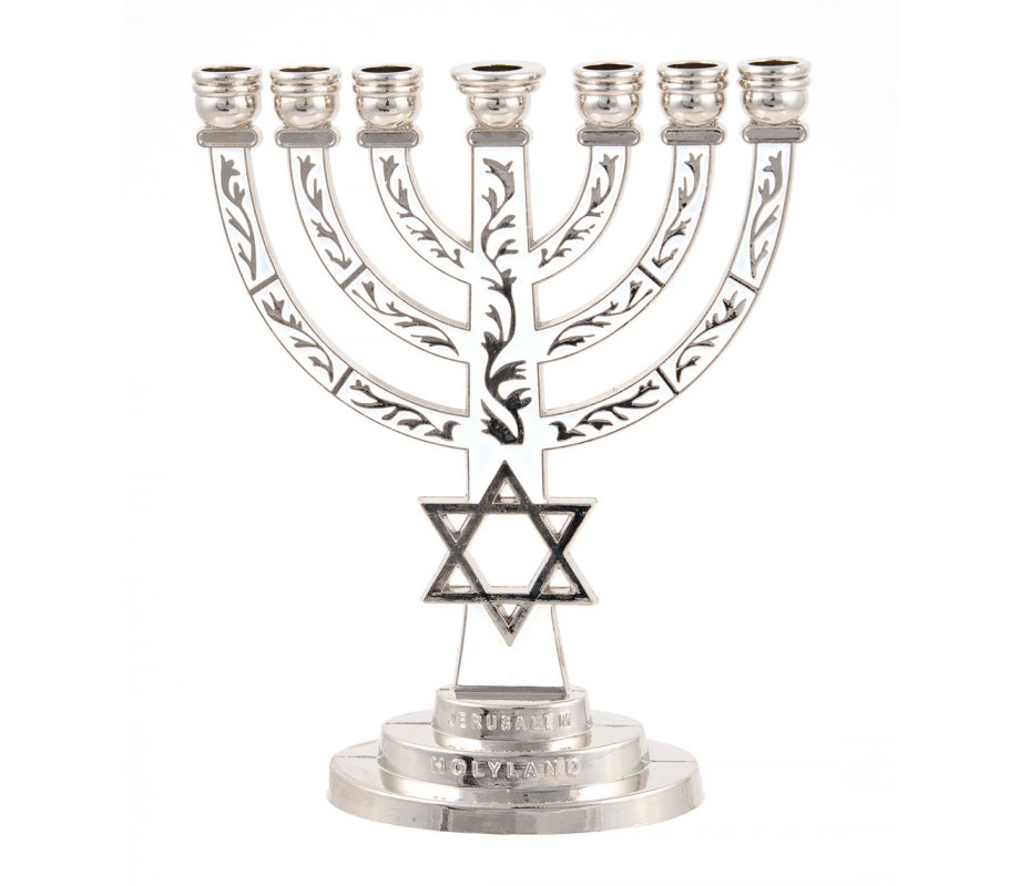 White on Silver 7-Branch Menorah with Star of David and Breastplate 5.2 Inches