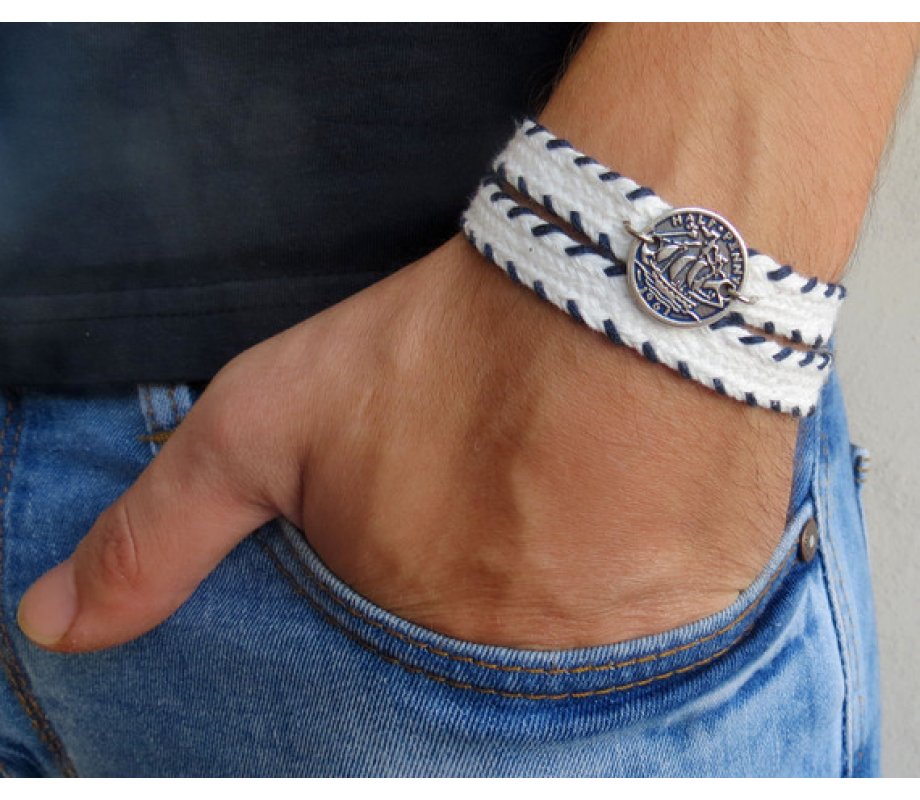 White with Navy Stitching Triple Wrap Men's Bracelet with Oxidized Silver-Plated Coin