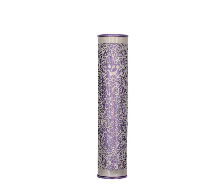 Wide Cutout Rounded Mezuzah Case, Pomegranates in Lilac - Yair Emanuel