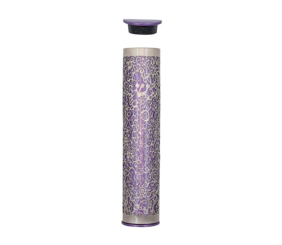 Wide Cutout Rounded Mezuzah Case, Pomegranates in Lilac - Yair Emanuel