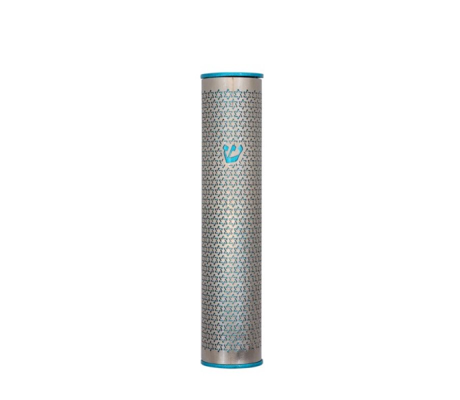 Wide Cutout Rounded Mezuzah Case, Turquoise Stars of David - Yair Emanuel