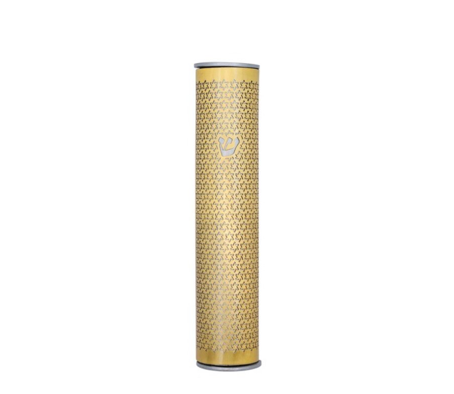 Wide Cutout RoundedGold Mezuzah Case, Stars of David - Yair Emanuel