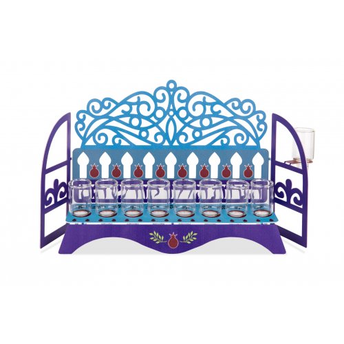 Window Hanukkah Menorah with Swirls and Pomegranates, For Oil - Dorit Judaica