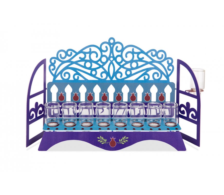 Window Hanukkah Menorah with Swirls and Pomegranates, For Oil - Dorit Judaica