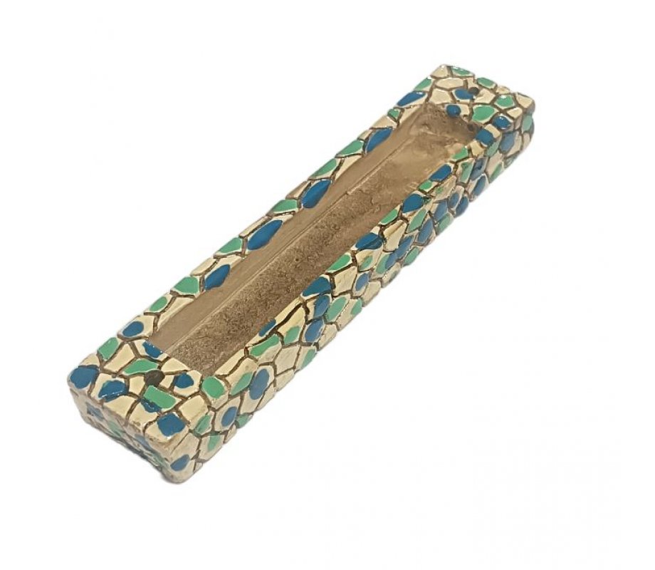 Wood Mezuzah Case with Mosaic Design, Green and Blue Turquoise - Gold Shin