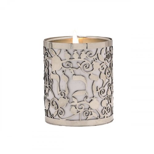 Yahrzeit Memorial Candle Holder with Yizkor & Pomegranates Cutout, Gold - Yair Emanuel