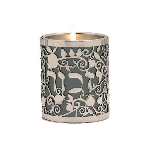 Yahrzeit Memorial Candle Holder with Yizkor & Pomegranates Cutout, Gray - Yair Emanuel